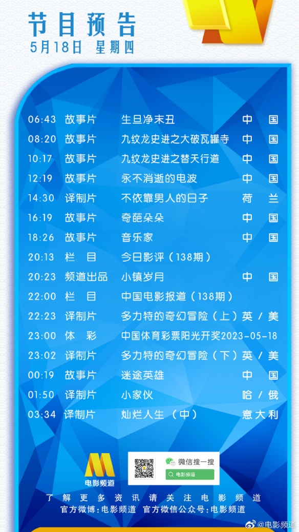 电影频道节目表5月18日 CCTV6电影频道节目单2023.5.18